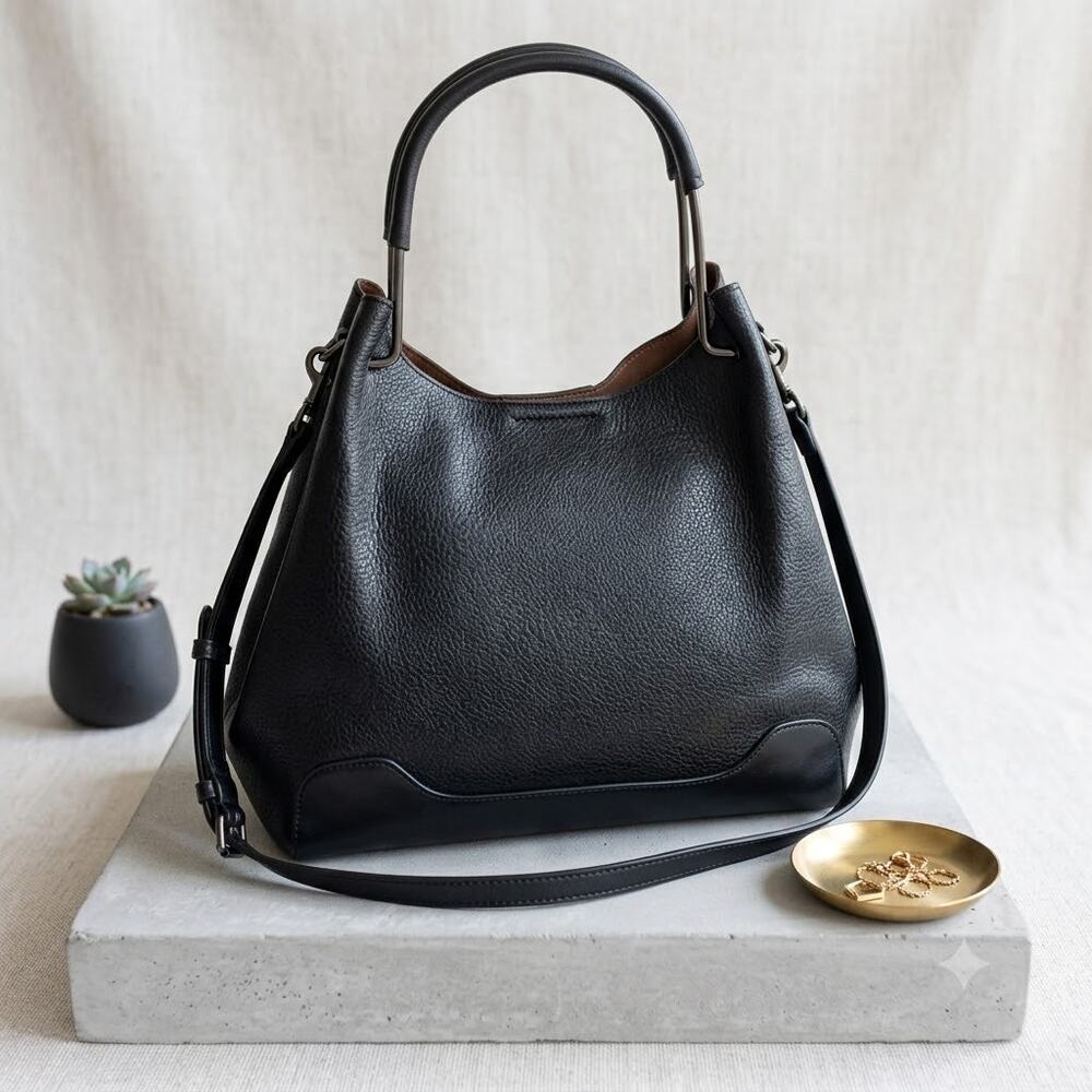 Sondra Roberts "Squared" Black Pebbled Hobo with Suede Lining - Picture 1 of 10